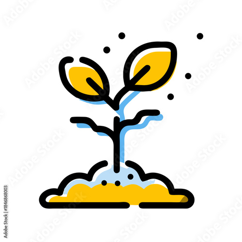 A vibrant digital illustration of a young plant seedling emerging from fertile soil with tiny growth elements