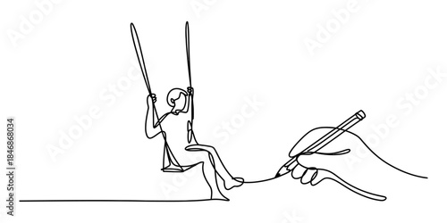 Continuous line art drawing of a hand creating a person on a swing in motion. Vector, illustration