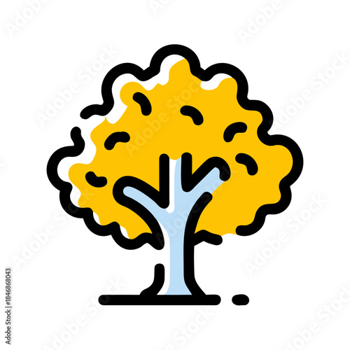 Cheerful minimalist tree icon featuring a sunny yellow foliage and a blue trunk