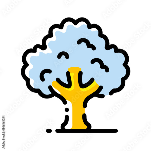 Minimalist tree icon with a vibrant blue canopy and a sturdy yellow trunk for nature designs