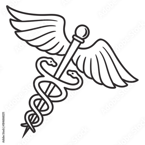 Vector illustration of a medical caduceus symbol featuring a pharmacy icon design with wings and snakes for a hospital emblem or doctor logo