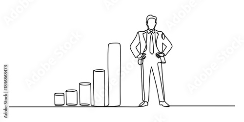 Continuous line drawing showing a businessman standing confidently next to a growing bar chart Vector, illustration