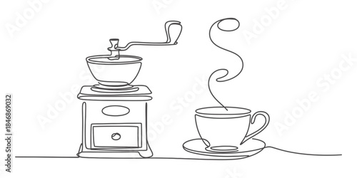 Continuous line drawing of a vintage coffee grinder and a steaming cup of coffee Vector, illustration