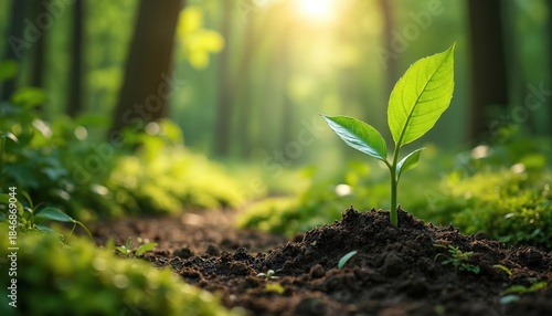Young plant sprouts from dark soil in sunny forest. Green leaves grow toward bright sunlight. Fresh nature scene in lush woods. New life begins.