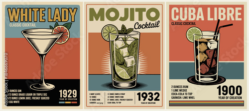 Retro cocktail triptych featuring White Lady, Mojito, and Cuba Libre with bold colors, decorative details, and classic vintage design.