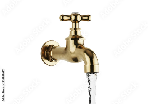 Macro shot of a highly polished brass vintage faucet with a knurled cross-handle tap, running a thick stream of crystal clear water on a brilliant white background, copy space. Concept of pure water