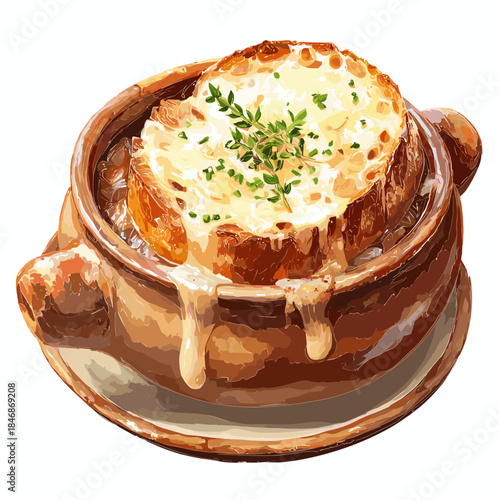 Vector illustration of a french onion soup with melted cheese on top in a rustic bowl