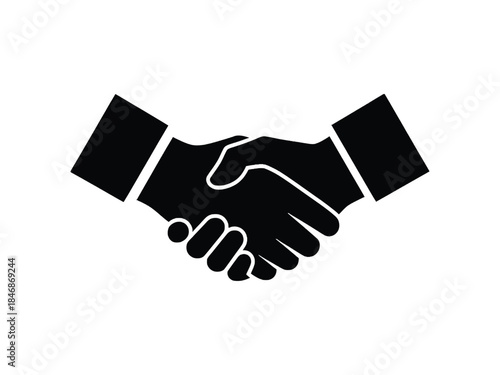 A simple black and white illustration of two hands shaking firmly