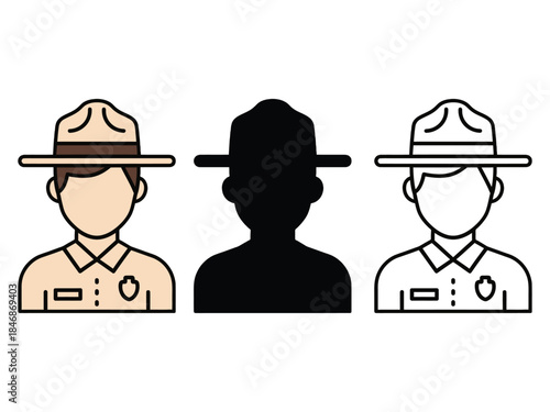 Three ranger hats and faceless portraits in different styles and colors