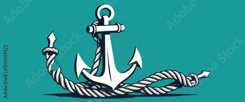 Illustrative white ship anchor secured by a coiled rope on a clean teal background