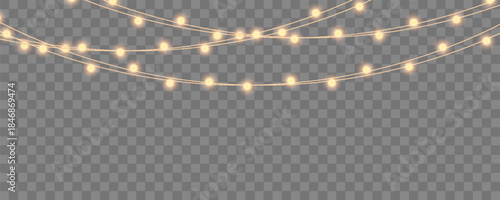 Christmas lights garland on transparent background, bright garlands bulbs, glowing festive string light decoration