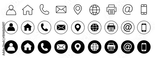 Contact icon set, containing information name, website, location, address, telephone, mail and more