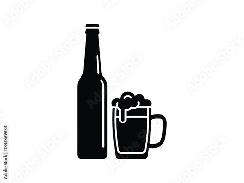 A simple black and white illustration of a beer bottle and glass
