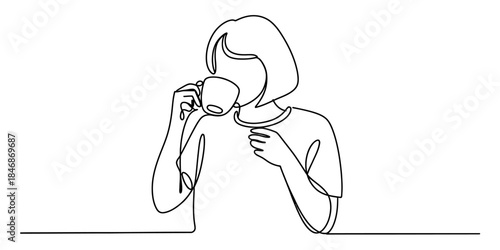 A simple continuous line art illustration of a woman enjoying a hot drink from a mug Vector, illustration
