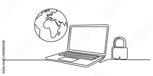 Unlocking global digital access: continuous line art illustration of laptop and padlock Vector, illustration