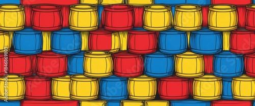 Vibrant illustration of stacked red yellow and blue cartoon barrels creating a seamless decorative background