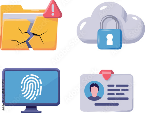 Data Security and Authentication Icons Set - Broken Folder, Cloud Lock, Fingerprint, and ID Card