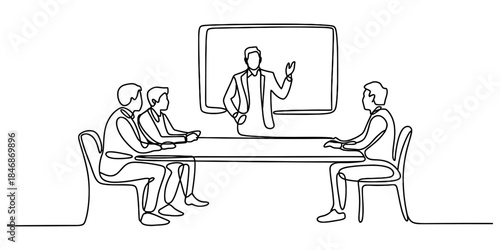 A continuous single line drawing illustrating a business meeting or presentation at work. Vector, illustration
