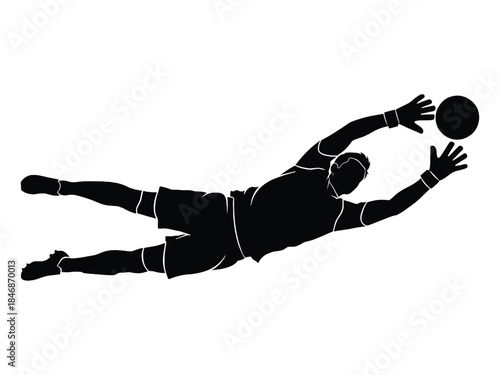 A dynamic silhouette of a goalkeeper making an athletic save during a game