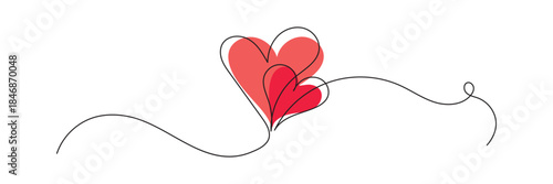 Two Red hearts continuous one line drawing .Decorative swirling heart symbol suitable for Valentine’s Day, wedding, love logo, romance , and relationship concepts. Clean minimal vector illustration.