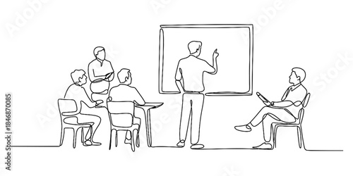 Continuous line drawing of a business meeting or classroom presentation with group interaction Vector, illustration