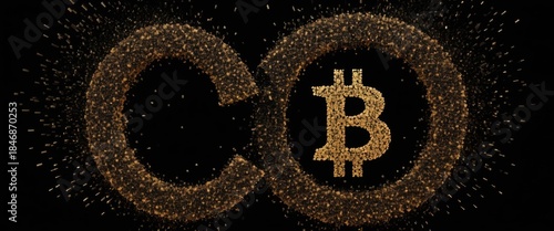Sparkling golden Bitcoin symbol centered within an infinity loop created from countless shiny particles against black