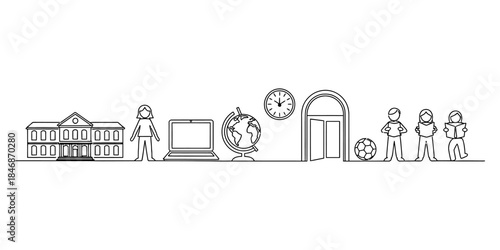 Minimalist line art illustration representing various elements of school education and learning Vector, illustration