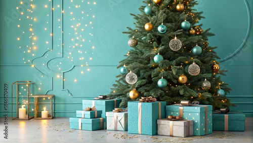 Create an elegant Christmas tree adorned with teal and gold ornaments, enhancing the festive mood with beautiful wrapping paper for home decor.