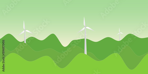 Renewable Wind Energy Landscape Vector. Flat Design Wind Turbines on Green Rolling Hills. Sustainable Power Concept Illustration.