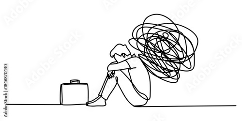 A person sits curled up in despair with a briefcase, overwhelmed by mental stress Vector, illustration