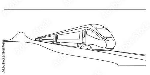 A modern bullet train moving swiftly on the tracks in a continuous line art style Vector, illustration