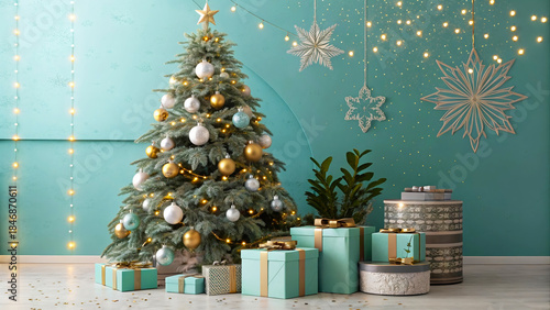 Elegant Christmas Tree adorned with teal and gold ornaments, creating a festive mood, surrounded by beautifully wrapped gifts, enhancing home decor charm.