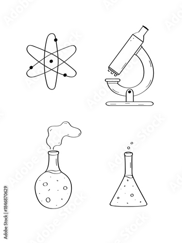 Atom model, microscope and tube doodle icons for scientific experiments and research. Vector illustration of a sketch on a white background.
