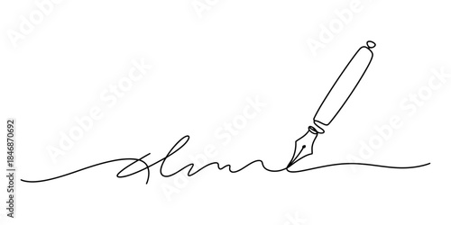 Continuous line art illustration of a fountain pen creating a signature on a white background Vector, illustration