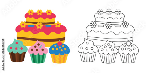 Cake and cupcakes coloring page Vector illustration