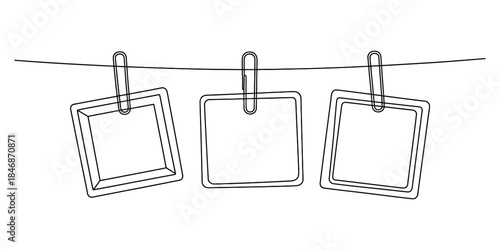 Line art illustration of three empty instant photo frames hanging from a string with clips Vector, illustration