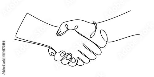 A minimalist single continuous line art drawing of two hands shaking to symbolize agreement and partnership Vector, illustration