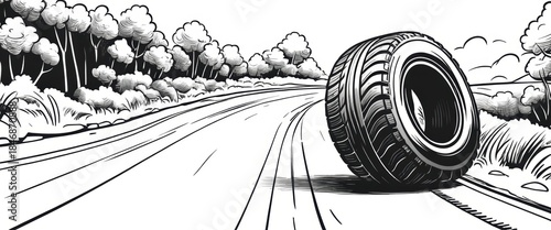 Single car tire rolling on a winding road with trees and bushes in black and white line art illustration