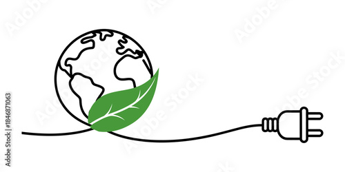 Sustainable energy concept illustrated with earth, green leaf, and power plug outline. Vector, illustration