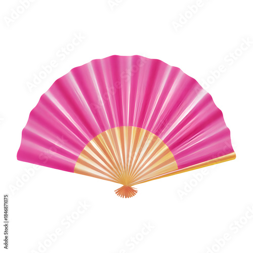 An open pink hand fan with intricate golden details on a white background