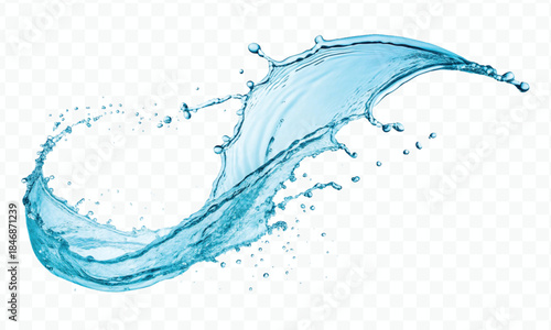 dynamic smooth liquid fresh water splash with drops in mid air cut out and curve style isolated on white background