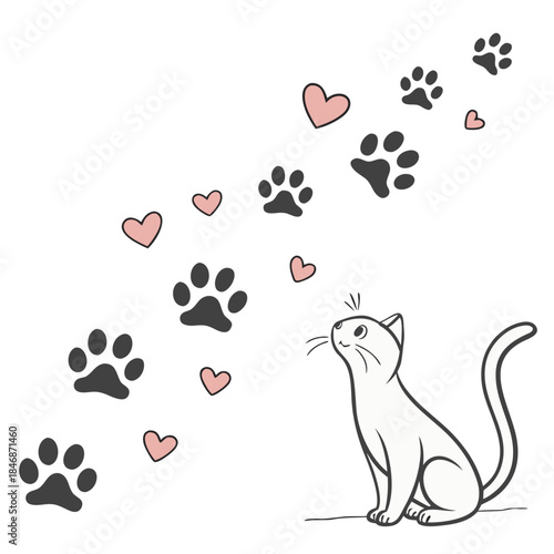 Seamless vector pattern design featuring a cute black cat paw print and dog illustration with heart shapes and valentine flower symbols for an animal love art card