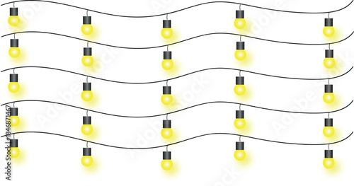 On a clear backdrop, yellow warm bulb lights are isolated. White background with solitary string lights.