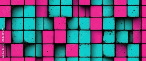 Vibrant pink and teal square blocks with grunge texture create a dynamic three dimensional abstract grid pattern