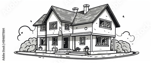 Black and white cartoon illustration of a two story residential house with a pitched roof multiple windows front steps