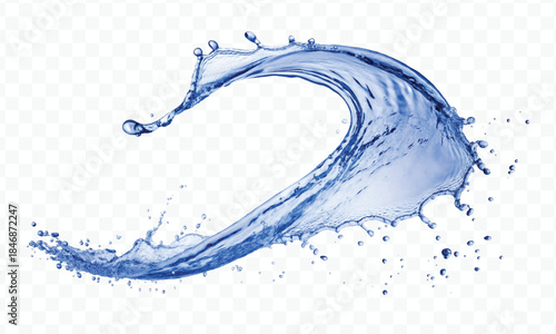 dynamic smooth liquid fresh water splash with drops in mid air cut out and curve style isolated on white background