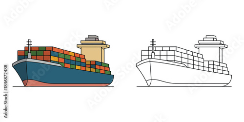 Container ship coloring page Vector illustration