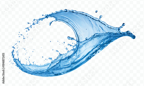 dynamic smooth liquid fresh water splash with drops in mid air cut out and curve style isolated on white background