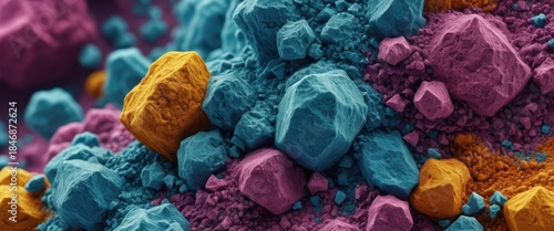 A vibrant close up of colorful irregular fragments and textured granules in teal magenta and yellow
