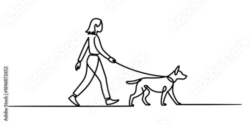 Continuous line art illustration showing a person walking a dog on a leash Vector, illustration